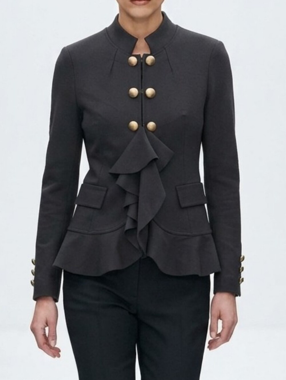 Maryley Made in Italy Black Ruffle Military Jacket Gold Button Detail Size S/42